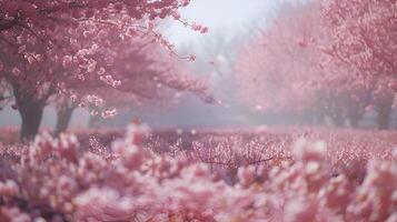 campo di ciliegia fiori nel pieno fioritura, dolce brezza, largo sparo, cinematico Guarda foto