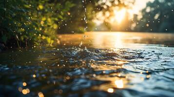 spruzzi acqua su il fiume banca con sfocato sfondo di luce del sole e bokeh leggero foto