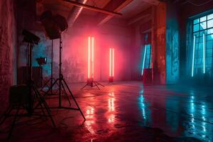foto studio camera decorato con rosso e blu neon luci