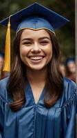 avvicinamento tiro di diplomato indossare sparviere su sua testa, svelare radiante ragazze viso, sua Sorridi splendente con orgoglio e felicità come giovane signora assaporare momento di sua realizzazioni foto