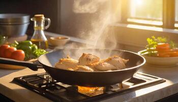 un' persona è cucinando pollo nel un' padella su un' stufa foto