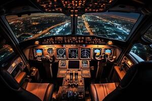 dentro Visualizza di un aereo cabina di pilotaggio con un' raggiante strumento pannello. generato di artificiale intelligenza foto