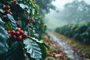 avvicinamento di maturo caffè fagioli su alberi durante pioggia. generato di artificiale intelligenza foto