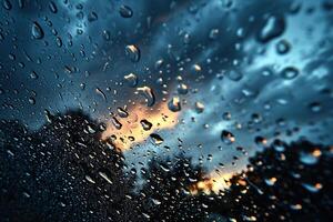 grande gocce di pioggia su il bicchiere o cappuccio di un' auto con il cielo riflessa. generato di artificiale intelligenza foto