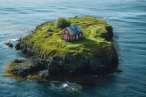 un' tradizionale rosso scandinavo del pescatore Casa su un' piccolo isola nel il mezzo di il oceano. generato di artificiale intelligenza foto