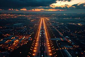 bellissimo superiore Visualizza di il aeroporto piste a notte. generato di artificiale intelligenza foto
