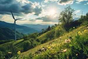 un' mulino a vento su il pendenza di un' verde collina contro un' blu nuvoloso sfondo. rinnovabile risorse e ambientale conservazione concetto. foto