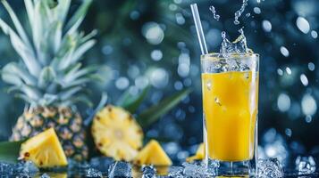 bicchiere con ananas succo, ananas spruzzi di acqua. . foto