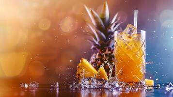 bicchiere con ananas succo, ananas spruzzi di acqua. . foto