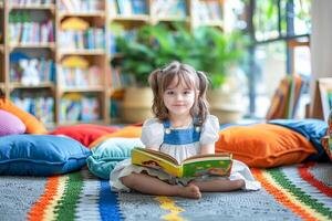 poco ragazza seduta su il pavimento nel cuscini con un' libro. . foto