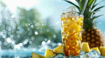 bicchiere con ananas succo, ananas spruzzi di acqua. . foto