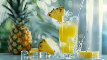 bicchiere con ananas succo, ananas spruzzi di acqua. . foto