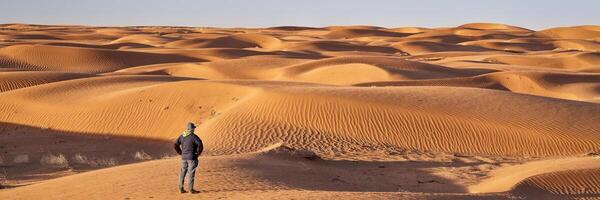 solitario maschio figura nel un' sabbia dune campo foto