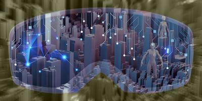 realtà virtuale il mondo del metaverso attraverso la telecamera vr visualizza città e persone in un mondo simulato