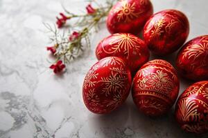 rosso e bianca Pasqua uova su un' marmo superficie. lato Visualizza, Pasqua sfondo. foto