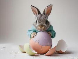 un' coniglio indossare un' carino camicia emerge a partire dal il grande uovo con bellissimo colorato conchiglie su un' bianca sfondo. foto