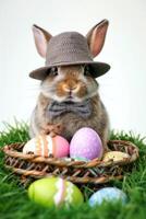 un' coniglio indossare un' cappello e arco cravatta emerge a partire dal il uovo con bellissimo colorato conchiglie tutti nel il cestino su un' bianca sfondo. foto