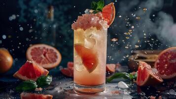 verticale bicchiere con rosa pompelmo succo. volante Uva, cibo fotografia, buio sfondo. generato di artificiale intelligenza. foto