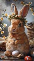 carino Pasqua coniglietto con fiore ghirlanda e Pasqua uova con fiori su il sfondo. biglietto di Pasqua, Stampa, decorazione. foto