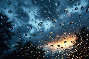 grande gocce di pioggia su il bicchiere o cappuccio di un' auto con il cielo riflessa. generato di artificiale intelligenza foto