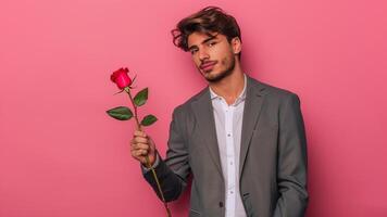 bello giovane uomo Tenere rosa e guardare a telecamera isolato su rosa foto