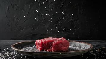 crudo Manzo bistecca con sale su un' nero piatto su un' nero sfondo foto