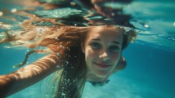 avvicinamento ritratto di un' giovane bellissimo ragazza sotto il acqua. foto