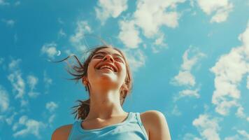 ragazza con lungo capelli su il sfondo di blu cielo e nuvole. foto