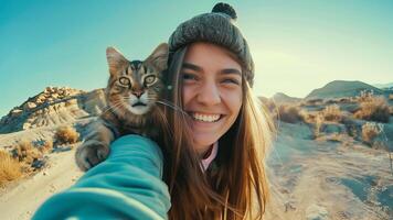giovane donna assunzione autoscatto con sua gatto nel il deserto. viaggio concetto.ritratto di un' bellissimo triste ragazza. nero e bianca foto. foto