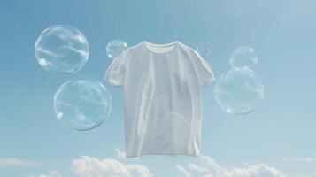 ai generato un' bianca maglietta galleggia nel il aria, circondato di trasparente bolle su un' leggero cielo blu sfondi. generato di artificiale intelligenza. foto