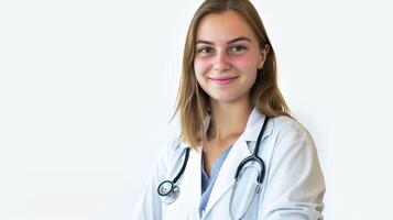 ai generato un' femmina giovane europeo medico indossare bianca cappotto su bianca sfondo. generato di artificiale intelligenza. foto