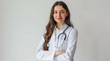 ai generato un' femmina giovane europeo medico indossare bianca cappotto su bianca sfondo. generato di artificiale intelligenza. foto