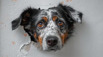 ai generato un' tallonatore cane è frugando suo testa attraverso un' buco nel un' bianca parete. generato di artificiale intelligenza. foto