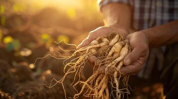 ai generato ginseng radici nel il mani di un' contadino, caldo luce del sole, avvicinamento sparo. generato di artificiale intelligenza. foto