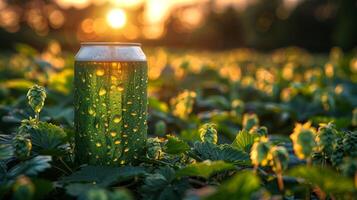 un' verde può di birra nel un' luppolo campo, Basso angolo Visualizza. generato di artificiale intelligenza. foto