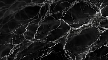 un' alta risoluzione, monocromatico microfotografia di un intricato Rete di fibre nel il pelle somigliante fluente acqua su il buio sfondo. generato di artificiale intelligenza. foto