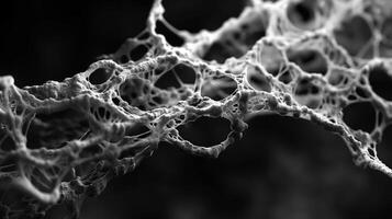 un' alta risoluzione, monocromatico microfotografia di un intricato Rete di fibre nel il pelle somigliante fluente acqua su il buio sfondo. generato di artificiale intelligenza. foto