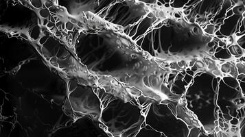 un' alta risoluzione, monocromatico microfotografia di un intricato Rete di fibre nel il pelle somigliante fluente acqua su il buio sfondo. generato di artificiale intelligenza. foto