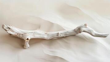 avvicinamento foto di bianca Driftwood su sabbia, minimalista estetico, leggero beige sfondo. generato di artificiale intelligenza.