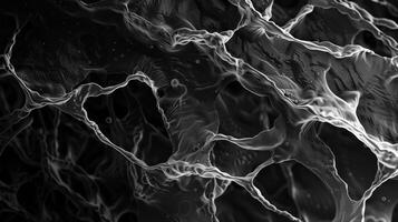 un' alta risoluzione, monocromatico microfotografia di un intricato Rete di fibre nel il pelle somigliante fluente acqua su il buio sfondo. generato di artificiale intelligenza. foto