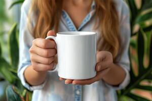 irriconoscibile ragazza è Tenere bianca boccale nel mani, vuoto bianca boccale modello foto