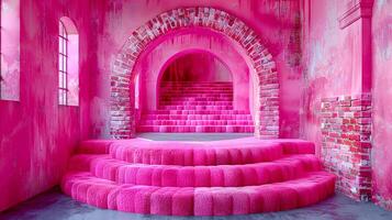 un' rosa camera con le scale e un' rosa divano foto