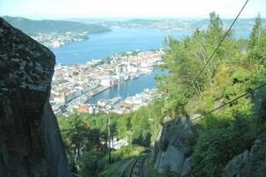 panorama di Bergen a partire dal ferrovia floibanen funicolare a montare floyen a bergen. il elettrico cavo funicolare floibanen con un' Visualizza di il città. foto