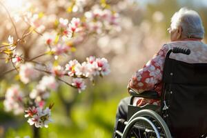 anziano persona con disabilità nel sedia a rotelle all'aperto, primavera parco sfondo foto