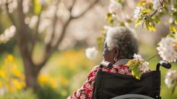 anziano africano americano donna con disabilità nel sedia a rotelle all'aperto, primavera parco sfondo foto