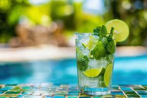 Mojito cocktail nel bicchiere posto Il prossimo per un' piscina su un' piastrelle tavolo foto