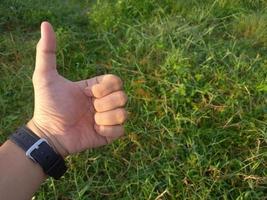 mano sinistra dell'uomo che mostra il pollice sul parco in erba foto