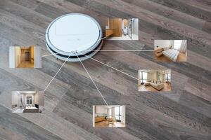 inteligente casa applicazione su robot vuoto pulizia pavimento nel sfondo nel il moderno vivente camera. foto