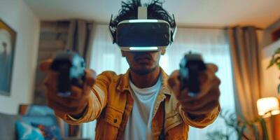 ai generato giovane caucasico uomo stella filante giocando video gioco utilizzando virtuale la realtà bicchieri e telecomando da gioco a gioco camera foto