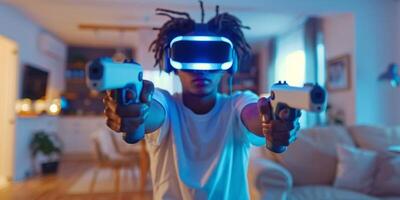 ai generato giovane caucasico uomo stella filante giocando video gioco utilizzando virtuale la realtà bicchieri e telecomando da gioco a gioco camera foto